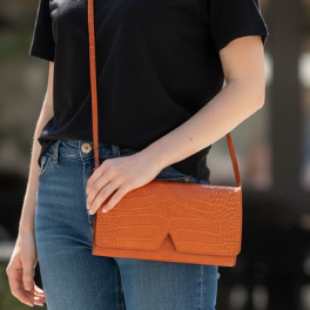 Vince embossed croc leather Carmel crossbody with adjustable strap